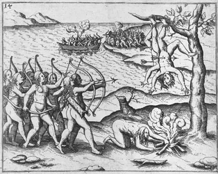 Amazonas-kvinder angriber mænd, der er hængt op i træer (træsnit)