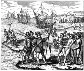 Christopher Columbus (1451-1506) genuesisk opdagelsesrejsende, opdager Amerika - 12. maj 1492. Fra gravering af Theodore de Bry 1590.