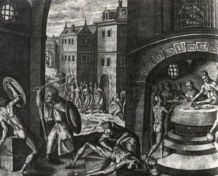 Præst dræber offer for falsk slagsmål og flår derefter krop, Mexico, gravering fra Peregrinationes, af Theodor de Bry (1528-1598), Mellemamerika