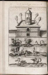 En alkymiovn og alkymiens symbolske dyr - Indgravering af Theodore de Bry (1528-1598), til afhandlingen om alkymi ""Tripus avreus, hoc est, Tres tractatus chymici selectissimi"" af Michael Maier (1569 -1622)