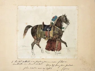 En spændt hest ledet af en mameluk, to pyramider i baggrunden (blyant og akvarel på papir)