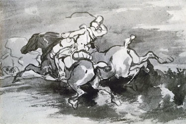 Artillerist fører sine heste ind i marken, 1913.