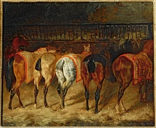 Cinq chevaux vus par la croupe, dans une ecurie - Fem heste set bagfra i en stald (olie på lærred)
