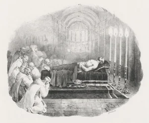 Vilhelm Erobreren, der efter sin død blev bragt til kirken i Boscherville (Vilhelm Erobreren på lit de parade i kirken ved St. Georges-klosteret i Boscherville)