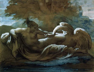 Leda og svanen (sort kridt og akvarel)
