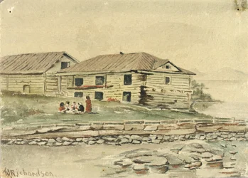 Bygninger på vej til ruin, Alaska, 1884.