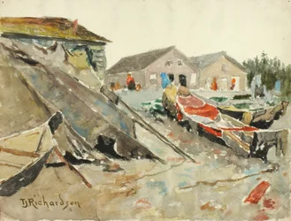 Tørretæpper over kanoer, ca. 1890-1914.