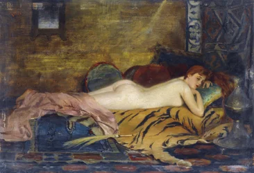 Liggende nøgen - Theodore Jacques Ralli (Theodoros Rallis) (1852-1909). Olie på træ Mål: 24x35 cm Privat samling