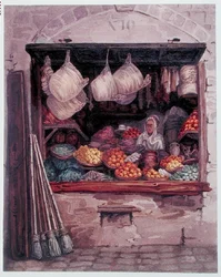 En kvinde, der sælger frugt og grøntsager, Algier, ca. 1835 (akvarel på papir)