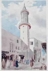 Moskeens minaret på Rue de Chartres og Rue Bab-Azoun, Algier (akvarel på papir)