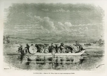En båd på floden Hue (Vietnam), tegning af Th. Weber, for at illustrere historien om otte dages ambassade i Hue (Kongeriget Annam), i 1875, af Mr.Brossard de Corbigny, løjtnant (N), knyttet til missionen. Indgravering i Le tour du monde