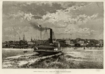 Ankomst til Victoria, Canada. Gravering af Th.Weber, for at illustrere historien ""Transcanadien og Alaska"" af E.Cotteau, i 1890, i Le tour du monde, nouveau journal des voyages, redigeret af Edouard Charton (1807-1890), 2. semester 1891 , udgave Hachet
