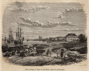 La rade de Saigon, gravering efter en tegning af T. Weber, der illustrerer rejsen til Cochinchine, af Doktor Morice, i 1872, udgivet i "" Le tour du monde""" 1875, redigeret af Edouard Charton, Hachette-udgaven, Paris. Selva samling.