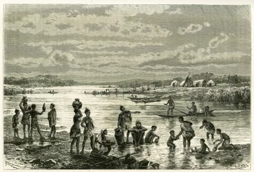 Livet på bredden af Zambeze-floden, marutserne er meget bekymrede over deres renlighed, og vask for dem er en aktivitet af første nødvendighed. Stik af Th. Weber, for at illustrere historien "Au pays des Marutses", i 1875-1879, af Dr. Emile Holu
