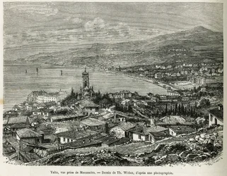 Byen Jalta, taget fra Massandra, tegning af Th.Weber, for at illustrere historien Fire måneder i Rusland, i 1876, af F. De Mely. Indgravering i Le tour du monde