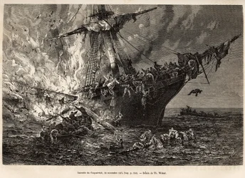 Branden fra Cospatrick, et britisk skib med mere end 400 emigranter til New Zealand, den 19. november 1874, indgraveret efter en tegning af T. Weber, der illustrerer studiet af storme og rejser, af hr. Zurcher og hr. Margolle, i 1870-1874, udgivet i