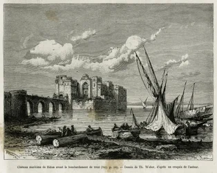 Søborgen Sidon før bombardementet i 1840. Indgravering af Th. Weber, for at illustrere historien La Syria d