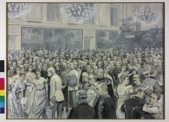 Kejser Franz Joseph hylder francisca grevinde Sternberg-Larisch og Maria Theresia grevinde Harrach Taxis