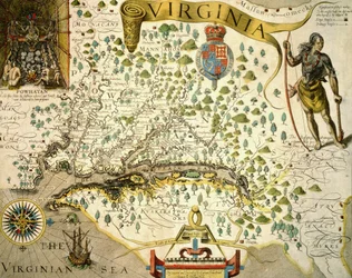 Sloane MS 1622 Kort over Virginia, der i øverste venstre hånd viser et billede af Chief Powhatan af John Smith (1580-1631) 1624 (håndfarvet gravering)