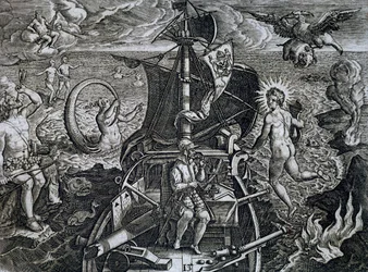 Allegori over Ferdinand Magellans (1480-1521) rejser, gravering af Theodor de Bry (1528-1598)