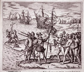 Ankomst af Christopher Columbus på øen Hispaniola i Vestindien (gravering