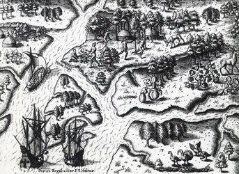 Frenchs ankomst til Port Royal i 1564 af Theodor de Bry (1528-1598) fra maleri af Jacques le Moyne de Morgues (ca. 1533-før 1588), gravering