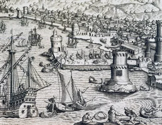 Ankomst af Girolamo Benzoni i havnen i La Palma, gravering fra Historia Americae, af Theodor de Bry (1528-1598), Frankfurt
