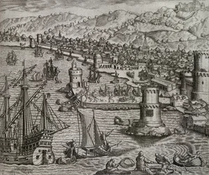 Girolamo Benzonis ankomst til havnen i Las Palmas under hans rejse til Amerika (1541), De Kanariske Øer, gravering af Theodor de Bry (1528-1598)