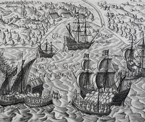 Slag foran byen Matical i Den Bengalske Bugt, gravering fra Indiae Orientalis, af Theodor de Bry (1528-1598)