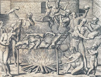Kannibalisme blandt stammer i Brasiliens indre, stik fra Theodore de Brys (1528-1598) Amerikanske historie, Frankfurt, Sydamerika
