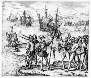 Christoffer Columbus (1451-1506) modtager gaver fra caciquen Guacanagari på Hispaniola (Haiti), fra «Americae Tertia Pars IV», 1594