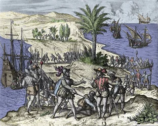 Christopher Columbus og hans bror blev arresteret af Francisco de Bobadilla i 1500. Indgravering af Théodore de Bry (1528-1598).