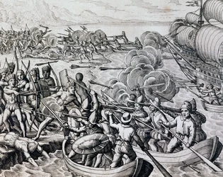 Sammenstød mellem indfødte indianere og spanske tropper, gravering fra Historia Americae, af Theodor de Bry (1528-1598), Frankfurt
