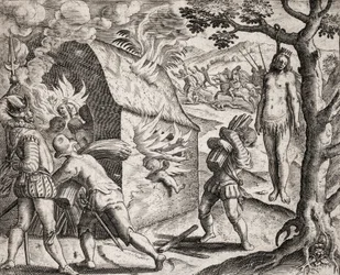 Beskrivelse af forbrydelser påført indianere af spanske bosættere - Brand i en indianerlandsby af conquistadorerne. Hanging - Indgravering af Theodore de Bry i "Den sandeste historie om nogle af de ødelagte spaniere" af Bartolome de las Casa