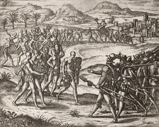 Beskrivelse af forbrydelser påført indianere af spanske bosættere - indianere bringer gaver og guld til conquistadorerne - gravering af Theodore de Bry i " "historien om nogle af de ødelagte spanske spaniere