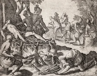 Beskrivelse af forbrydelser påført indianere af spanske bosættere - Scene for tortur af indianere af spanske conquistadorer. Tortur på en grill, amputation af hænder - Indgravering af Theodore de Bry i "" Narratio regionum indicarum per Hispanos quosdam de