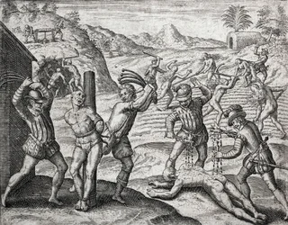 Beskrivelse af forbrydelser påført indianere af spanske bosættere - Spaniere, der torturerer indianere - Indgravering af Theodore de Bry i "Brevisima Relacion de la Destruction de las Indias"" af Bartolome de las Casas (1484-1566)