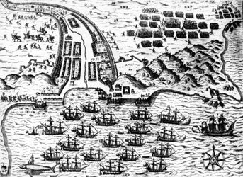 Drake erobrede båden "" Saint Giacomo"" på øen Capo Verde i 1585 af De Bry