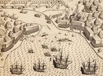 Hollændere ankommer til Madura Island, Java, gravering fra værket India Orientalis, af Theodor de Bry (1528-1598), Indonesien