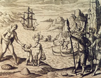Den hollandske kaptajn Sebald de Weert lander på Guyanas kyst, fra Historia americae, af Theodor de Bry (1528-1598), Frankfurt