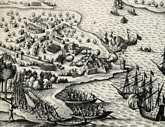 Hollandsk ekspedition langs Mozambiques kyst, gravering fra India orientalis af Theodor de Bry (1528-1598)