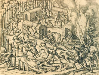 Europæiske Erobrere, der angriber en indisk landsby, Illustration fra amerikansk historie af Theodore de Bry