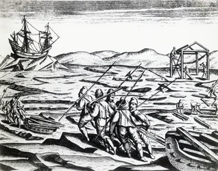 Ekspedition ledet af William Barents (ca. 1550-1597) på jagt efter Nordøstpassagen, fra Peregrinationes, af Theodor de Bry (1528-1598), gravering