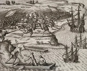 Kamp mellem Christopher Columbus og Francesco Poresio i Jamaica, gravering af Theodor de Bry (1528-1598)