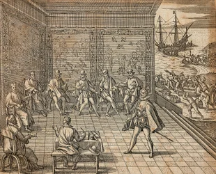 Francisco Pizarro forbereder sig til sin ekspedition til Sydamerika, af Theodor de Bry