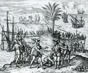 Francisco de Bobadilla ankommer som guvernør og arresterer Christoffer Columbus (1451-1506) på Hispaniola, 1500, 1590