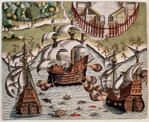 Amerikas historie: "" Slaget mellem de portugisiske flåder og de franske flåder ud for Brasiliens kyst i Potiguarhavet"" Oplæsning af rejserne af Hans Staden, tysk opdagelsesrejsende, der rejste med de spanske flåder til Brasilien, taget til fange af Tupin