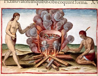 History of America: "Indian Cooking Fish"-indgravering fra "The Admirable Narrative of America" ​​af Theodore de Bry (1528-1598)
