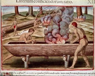 Amerikas historie: "Indians Building Boats"" Indgravering fra "Admirante Narratio Americae" af Theodore de Bry (1528-1598)