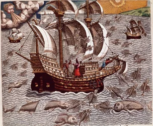Amerikas historie: "" Rejse af spanske karaveller omgivet af flyvende fisk"" Oplæsning af rejserne for Hans Staden, tysk opdagelsesrejsende, der rejste med de spanske flåder til Brasilien, taget til fange af Tupinamba-indianerne. Indgravering fra "Americae